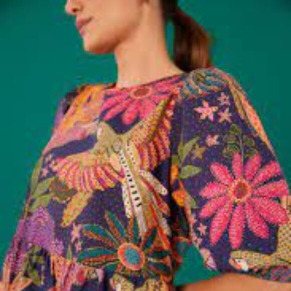 FARM RIO Navy Blue Cool Macaw Tiered Organic Cotton Mini Dress XL - Picture 3 of 6